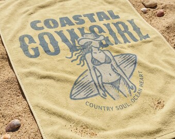 Coastal Cowgirl Yellow Beach Towel | Western Summer Beach Towel | Country Ocean Lifestyle Towel
