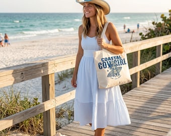Coastal Cowgirl Canvas Cream Tote Bag | Western Beachy Tote Bag