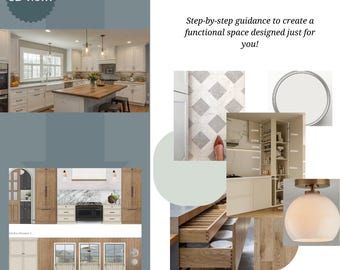 May include: A collage showcasing kitchen design ideas. The image includes a 3D view of a kitchen, along with design elements such as cabinetry, flooring, and lighting. Text includes "Kitchen" and "Step-by-step guidance to create a functional space designed just for you!"