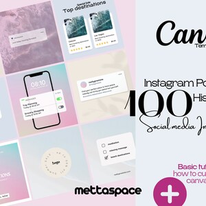Puede incluir: Un paquete de plantillas de marketing digital para Instagram, con 100 publicaciones e historias personalizables. El diseño incluye una variedad de fondos pastel, maquetas de pantallas de teléfonos móviles y el logotipo "Canva Templates".