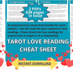 Peut inclure: Un produit de téléchargement numérique bleu et jaune pour les lecteurs de tarot. Le produit est un ensemble de fiches de triche pour les lectures d'amour. L'image comprend le texte "Tarot Love Reading Cheat Sheet" et "Téléchargement instantané".