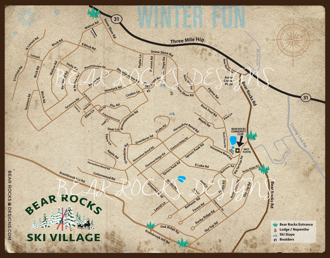 Bear Rocks PA 11x14 PRINT Neighborhood Illustrated Map Winter Theme Etsy