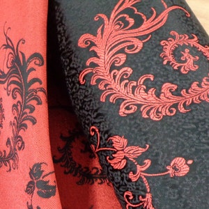 BLACK with RED Phoenix Feather Jacquard Brocade Fabric 56"
