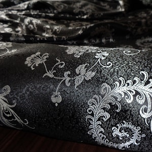 BLACK with SILVER Phoenix Feather - Jacquard Brocade Fabric 56&quot;