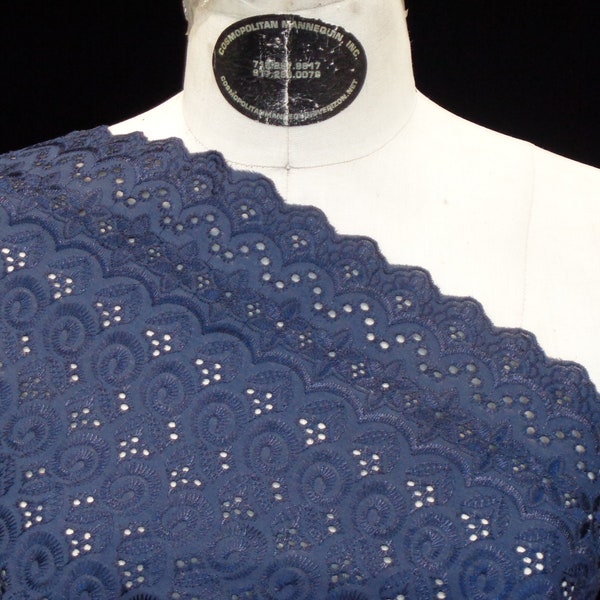 NAVY Swirl COTTON Eyelet Double Scalloped on Both Ends & All Over Full Heavy Embroidery Fabric 42"