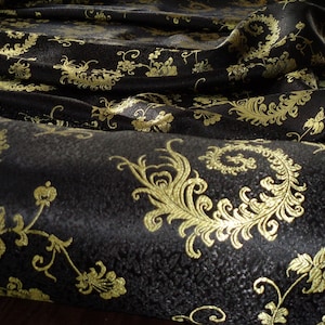 BLACK with GOLD Phoenix Feather - Jacquard Brocade Fabric 56&quot;