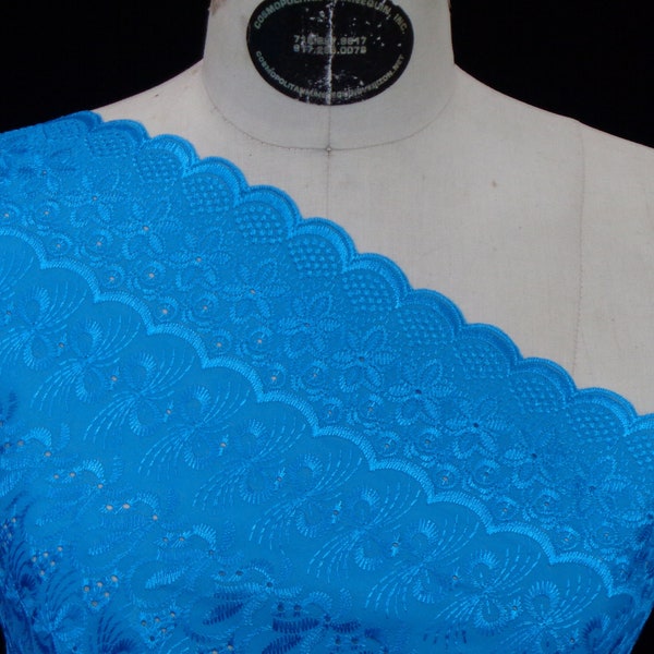 SEA BLUE Twin Floral COTTON Eyelet Double Scalloped on Both Ends & All Over Full Heavy Embroidery Fabric 45"