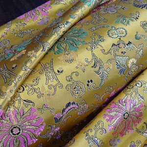 MUSTARD GOLD with Multi-colored Metallic Floral and Medallion - Metallic Brocade Fabric 56"