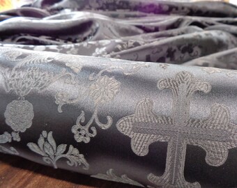 BLACK tone-on-tone CROSS -  Liturgical Worship Church Prayer - Jacquard Brocade Fabric 46&quot;