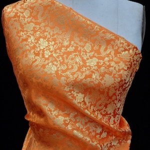 ORANGE with GOLD Small Dragon - Jacquard Brocade Fabric 55"