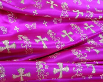 FUCHSIA with GOLD Metallic CROSS -  Liturgical Worship Church Prayer - Metallic Brocade Fabric 58&quot;