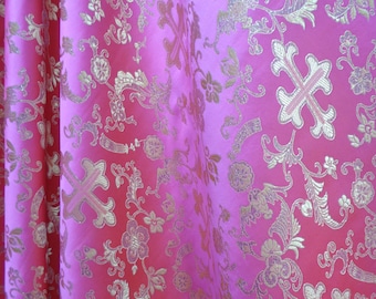 HOT PINK with GOLD Metallic Cross -  Liturgical Worship Church Prayer - Metallic Brocade Fabric 56&quot;