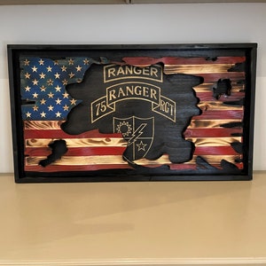 US Army Ranger Flag, Battalion Patch, Ranger Tab, Ranger Unit Crest , Army Ranger wood flag, Rustic Burnt Wood American Flag, 38x20