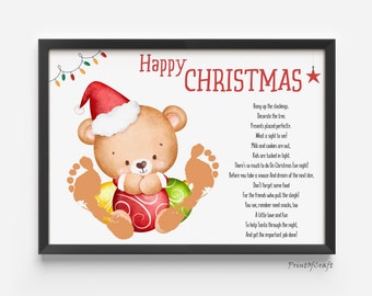 Merry Christmas Fußabdruck Kunst, Handabdruck Weihnachten, Druckbare DIY Weihnachtskarte, Vorschule Gedicht Handabdruck Kunst, Baby Kinder