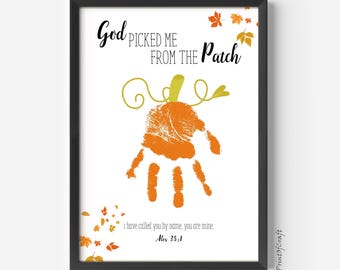 Pumpkin Handprint Craft, God Picked Me Christian Fall Kids Art, Baby Handprint Keepsake, Thanksgiving Printable Poem, Fall Handprint Art