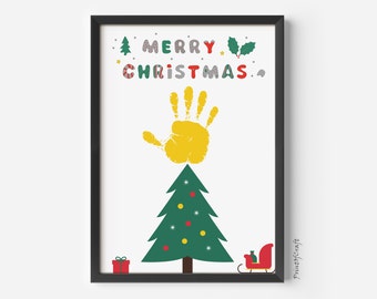 Merry Christmas Handprint Craft Art, Baby Toddler Kids DIY Craft, First Christmas Footprint Handprint Keepsake, Printable Christmas card