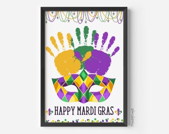 May include: A printable Mardi Gras craft featuring handprint outlines in green, purple, and yellow, a colorful mask, and the text "Happy Mardi Gras".