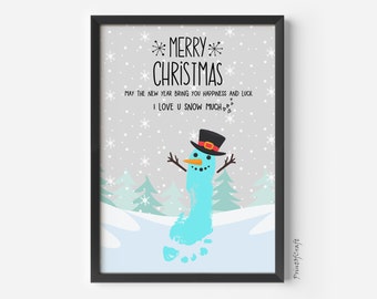Merry Christmas Snowman Footprint, Handprint Art Craft, Christmas Baby Kids Toddler Handprint, Printable Keepsake Card Memory