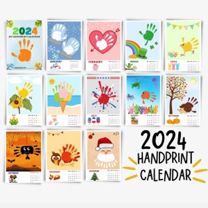 2024 Handprint Calendar, Footprint Handprint Art Craft DIY Gift Child Baby Kids Toddler, Preschool Printable Activity Memory Keepsake