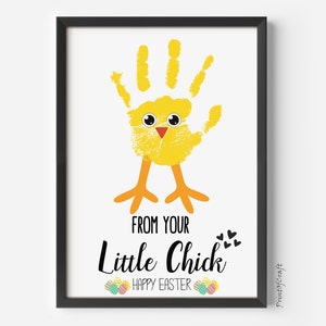 Arte con huella de mano de pollo de Pascua, recuerdo de huella de mano de niño pequeño, tarjeta con huella de mano de Pascua, recuerdo de bebé, huella de mano de niño en edad preescolar, manualidad de bricolaje