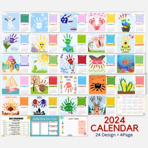 2024 Calendar Handprint Footprint, Handprint Art Craft, Baby Kids Toddler Craft, Preschool Nursery, Printable Activity Memory, Keepsake DIY