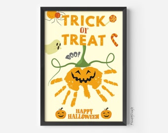 Trick or Treat Pumpkin Handprint Art, Handprint Craft For Hallowen From Kids, Pumpkin Halloween Keepsake Craft Handprint, Printable DIY Kit,