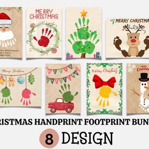 May include: A set of 8 printable Christmas cards featuring handprint and footprint designs. The cards feature a variety of Christmas themes, including Santa, a Christmas tree, a reindeer, a snowman, and a gingerbread man. The cards are perfect for creating personalised Christmas cards for family and friends.