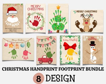 May include: A set of 8 printable Christmas cards featuring handprint and footprint designs. The cards feature a variety of Christmas themes, including Santa, a Christmas tree, a reindeer, a snowman, and a gingerbread man. The cards are perfect for creating personalized Christmas cards for family and friends.