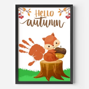 Artisanat d'art d'empreinte de main d'empreinte de pas de citrouille d'automne, bonjour d'écureuil, décoration imprimable d'automne premier automne, souvenirs de bricolage de mémoire de bébé de bébé d'enfants