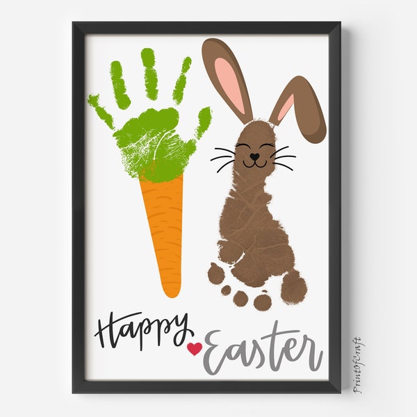 Easter Bunny Carrot Handprint Footprint Art Craft, Handprint Footprint Easter, Preschool Kids Craft Toddler, Baby Keepsake Memory, DIY