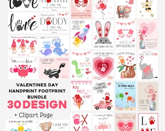 May include: A set of 30 printable Valentine's Day cards featuring handprint and footprint designs. The cards include various themes such as animals, hearts, and other cute designs. The cards are perfect for children to make for their loved ones.