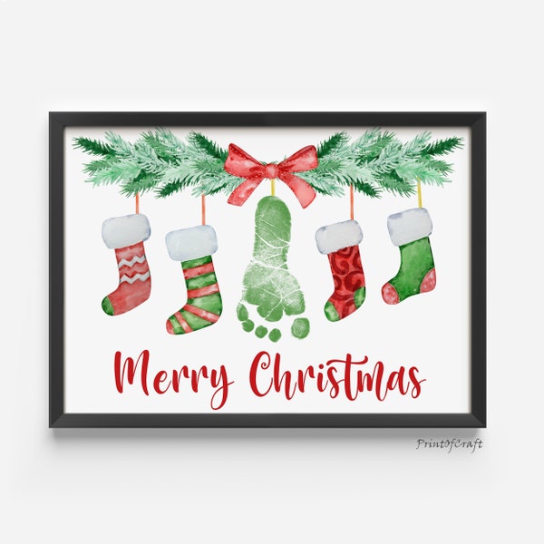 Merry Christmas Footprint Craft, Printable Christmas Handprint DIY Art Craft, Holiday Memory Activity, Christmas Baby Toddler Keepsake Craft