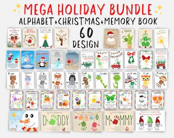 Puede incluir: Un conjunto de 60 diseños de arte de huellas de manos imprimibles para un libro de recuerdos de vacaciones. Los diseños presentan una variedad de temas navideños, que incluyen Papá Noel, renos, muñecos de nieve y árboles de Navidad. También hay diseños para cada letra del alfabeto y cada mes del año.