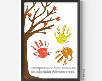 Falling Leaves Handprint Art, Preschool Thanksgiving Crafts, Baby Toddler Craft, Printable DIY Fall Keepsake Poem, Kids Handprint Tree Art