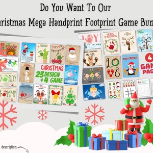 May include: A Christmas-themed printable craft bundle with 23 handprint and footprint designs and 4 game pages. The designs include a snowman, reindeer, Christmas tree, and Santa Claus. The game pages include a maze, a connect-the-dots, and a matching game.