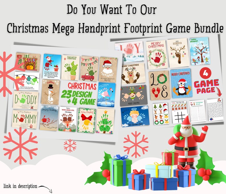 May include: A Christmas-themed printable craft bundle with 23 handprint and footprint designs and 4 game pages. The designs include a snowman, reindeer, Christmas tree, and Santa Claus. The game pages include a maze, a connect-the-dots, and a matching game.