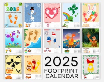 2025 Footprint Calendar, Footprint Handprint Art Craft DIY Gift Child Baby Kids Toddler, Preschool Printable DIY Activity Memory Keepsake