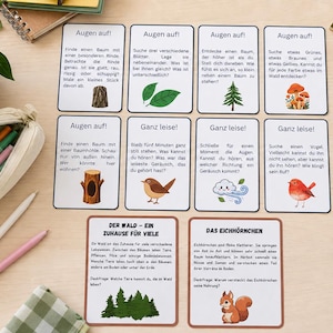 May include: A set of ten educational activity cards with German text and colourful illustrations of nature, including trees, leaves, mushrooms, a bird, wind, and a squirrel. The cards are arranged on a light surface with a pencil case and pens.