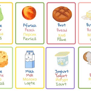 Könnte beinhalten: Illustrierte Karten mit Lebensmitteln wie Birne, Pfirsich, Brot, Butter, Käse, Milch, Joghurt und Ei. Jede Karte zeigt den englischen Namen des Lebensmittels sowie Übersetzungen in andere Sprachen.