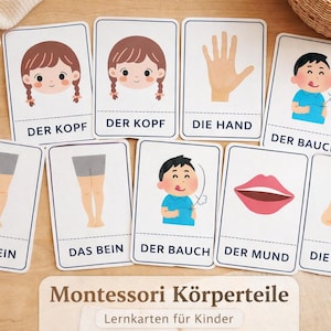 Puede incluir: Tarjetas didácticas con ilustraciones de partes del cuerpo, como cabeza, mano, estómago, piernas, boca y nariz. Las tarjetas están etiquetadas en alemán. El texto "Montessori Körperteile Lernkarten für Kinder" está en la parte inferior.