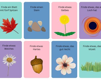 May include: Eight illustrated cards with German text. The cards feature images of a red maple leaf, stones, a yellow dandelion, a dark hole, a daisy, an acorn, a white flower, and grass. Each card has a different prompt.
