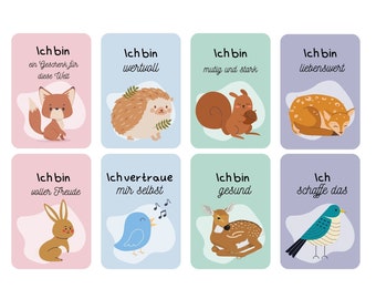 May include: Eight colorful cards with affirmations in German and illustrations of animals. The cards feature a fox, hedgehog, squirrel, deer, rabbit, bird, deer, and bird.