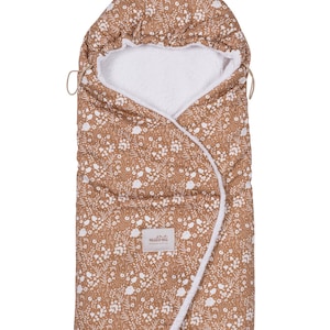 3in1 Swaddle for Car Seats and Baby Carriers, organic camel meadow pattern