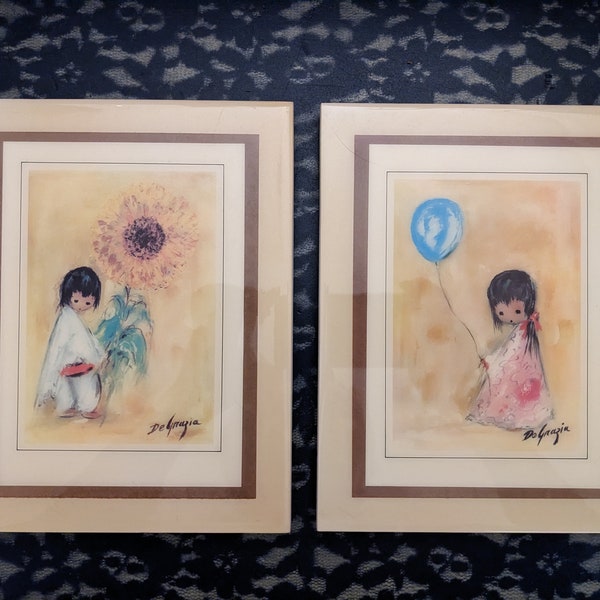 Ted DeGrazia High Glazed Tiles Of Boy With Sunflower And Girl With Balloon