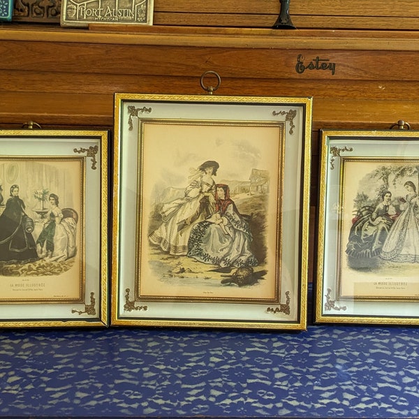 Set Of Three Vintage Framed 19th Century Fashion Prints