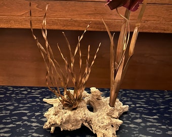 Vintage Torch Cut Brutalist Copper Orchid on Driftwood