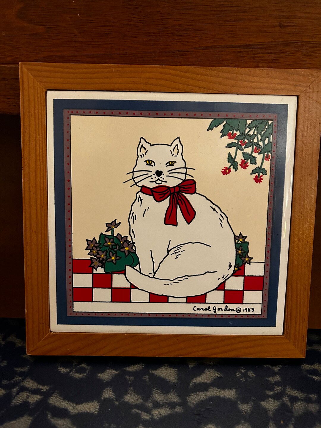 Vintage Framed Painted Cat Ceramic Tile Etsy