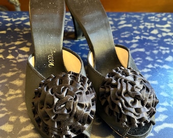 Vintage Daniel Green Black Satin Peep-Toe Heels with Decorative Rosette