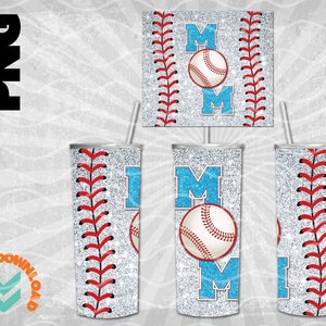 Baseball Mom Tumbler Wrap, 20oz Skinny Tumbler Sublimation image, Red White and Carolina Blue Glitter Tumbler Wrap