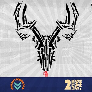 May include: Black and white silhouette of a deer head made up of various guns and a grenade. The image is on a white background with a radial pattern.